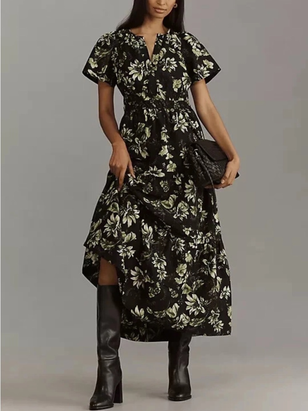 Anthropologie sz Large The Somerset Maxi Dress Black Floral Botanic A-line Tiers
